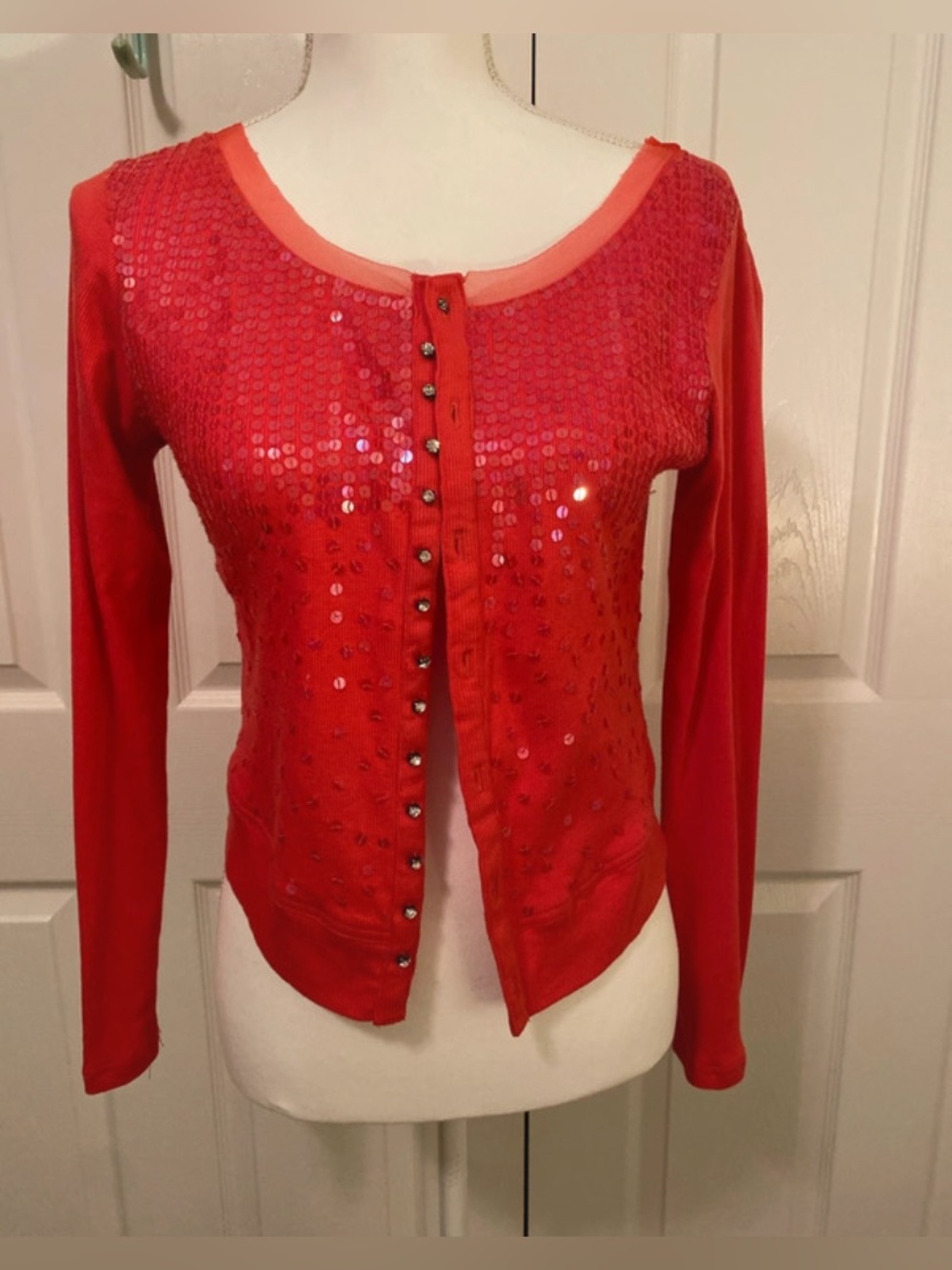 Women's coral Sequin Button-Front Cardigan